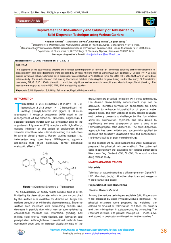 (PDF) Improvement of Bioavailability and Solubility of Telmisartan by ...