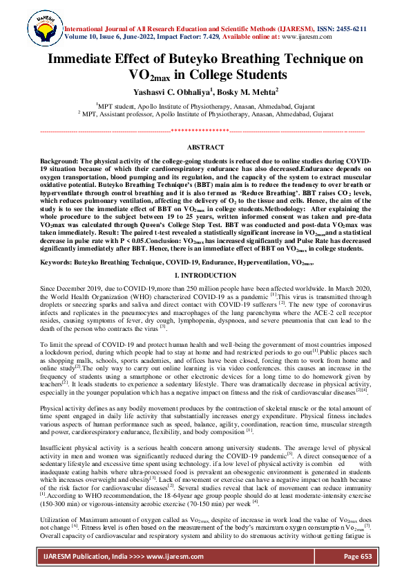 (PDF) Immediate Effect of Buteyko Breathing Technique on VO2max in ...