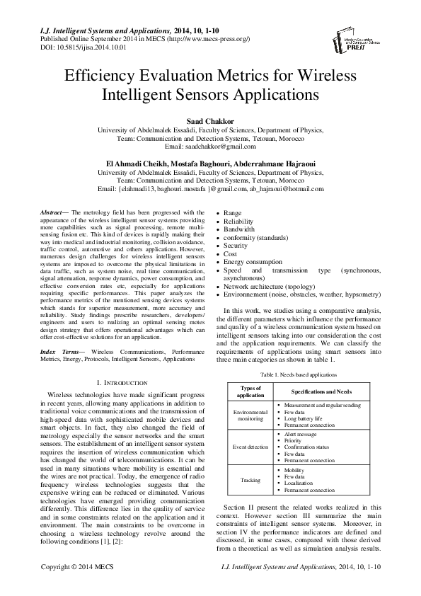 (PDF) Efficiency Evaluation Metrics for Wireless Intelligent Sensors ...