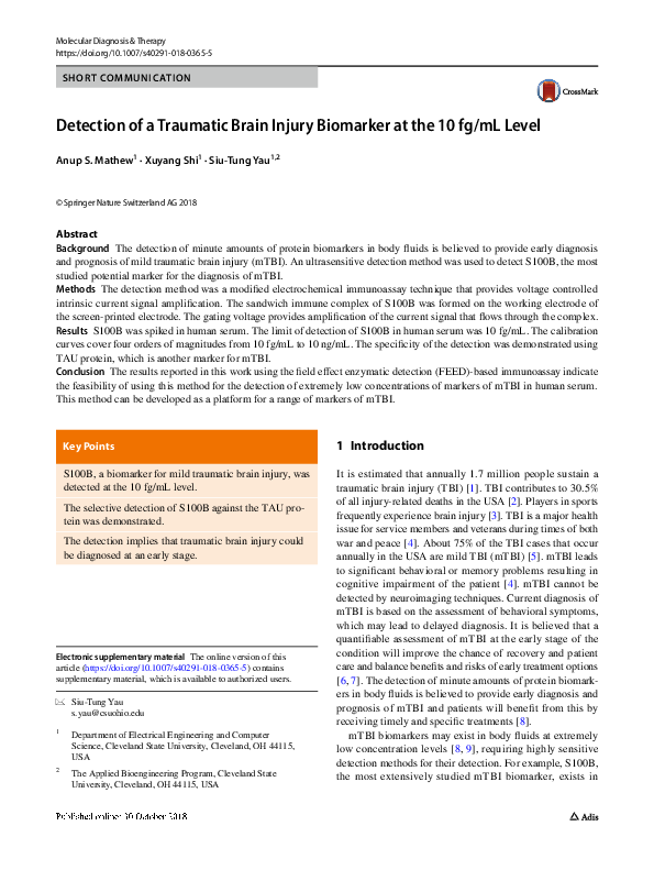(PDF) Detection of a Traumatic Brain Injury Biomarker at the 10 fg/mL Level