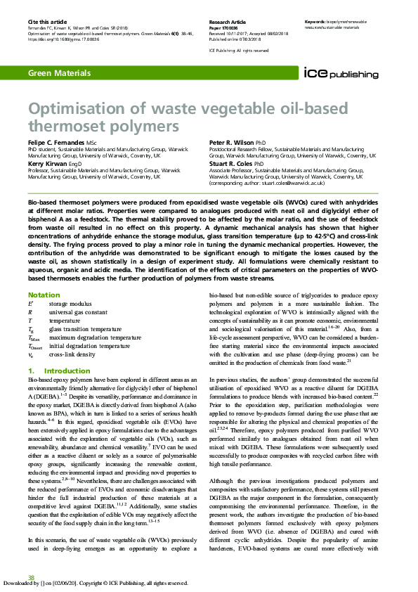(PDF) Optimisation of waste vegetable oil-based thermoset polymers