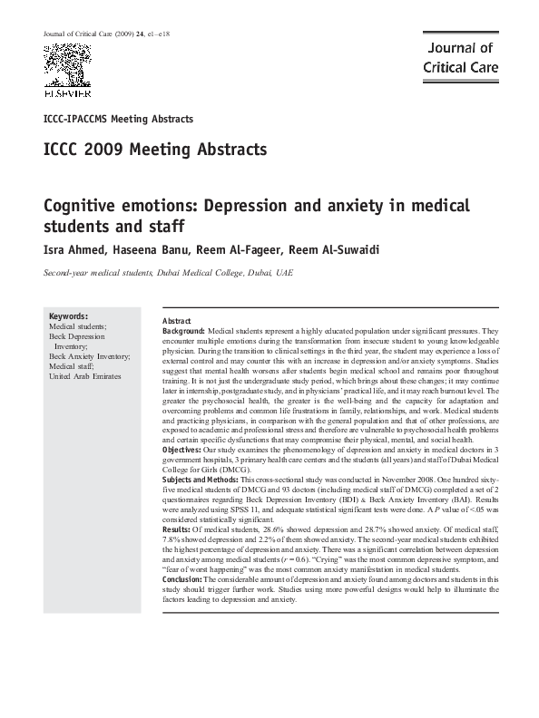 (PDF) Cognitive emotions: Depression and anxiety in medical students ...