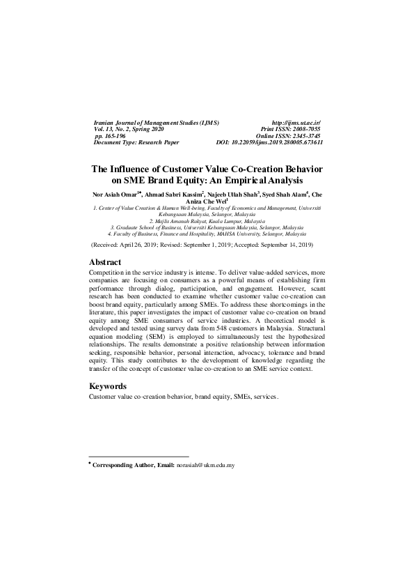 (PDF) The Influence of Customer Value Co-Creation Behavior on SME Brand ...