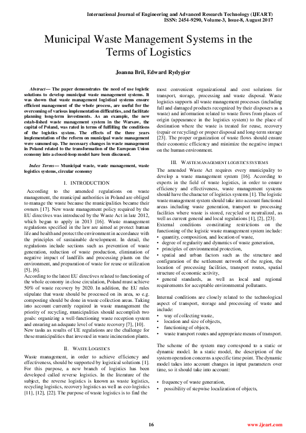 (PDF) Municipal Waste Management Systems in the Terms of Logistics