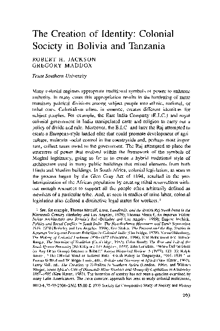 (PDF) The Creation of Identity: Colonial Society in Bolivia and Tanzania