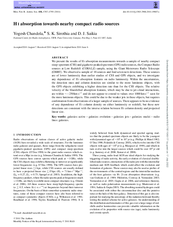 (PDF) H i absorption towards nearby compact radio sources