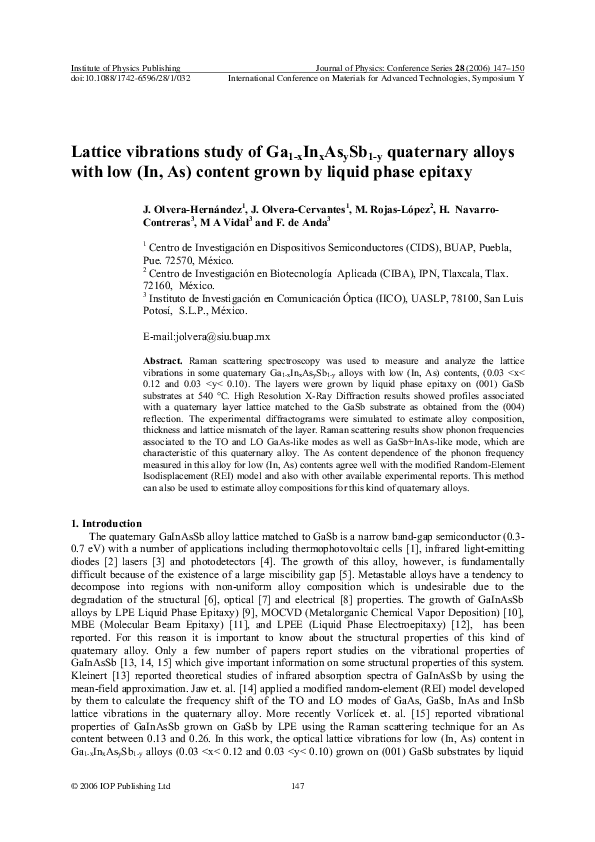 (PDF) Lattice vibrations study of Ga1-xInxAsySb1-yquaternary alloys ...