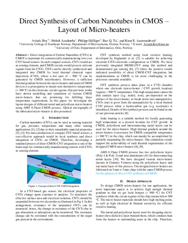 (PDF) Direct Synthesis of Carbon Nanotubes in CMOS-Layout of Micro-heaters