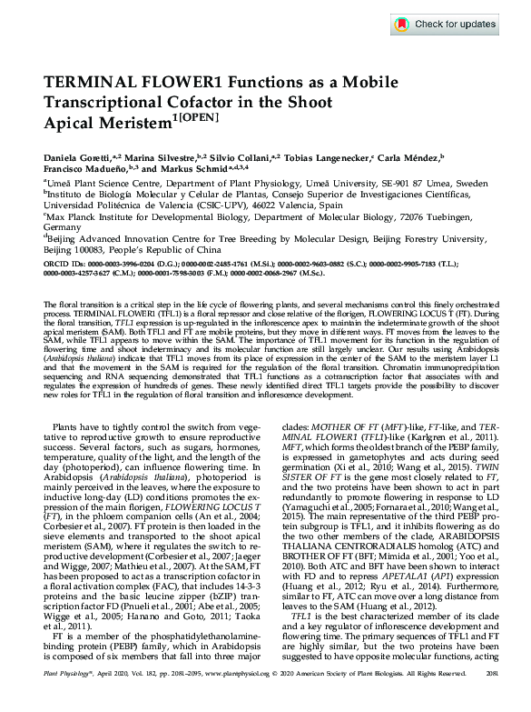 (PDF) TERMINAL FLOWER1 Functions as a Mobile Transcriptional Cofactor ...