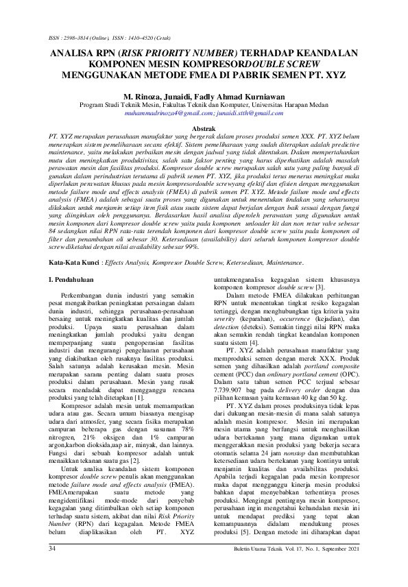 (PDF) Analisa RPN (Risk Priority Number) Terhadap Keandalan Komponen ...