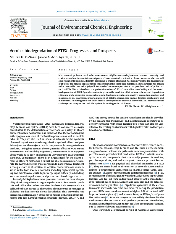 (PDF) Aerobic biodegradation of BTEX: Progresses and Prospects