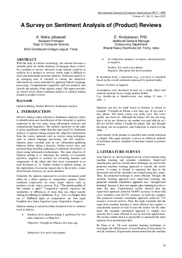 (PDF) A Survey on Sentiment Analysis of (Product) Reviews