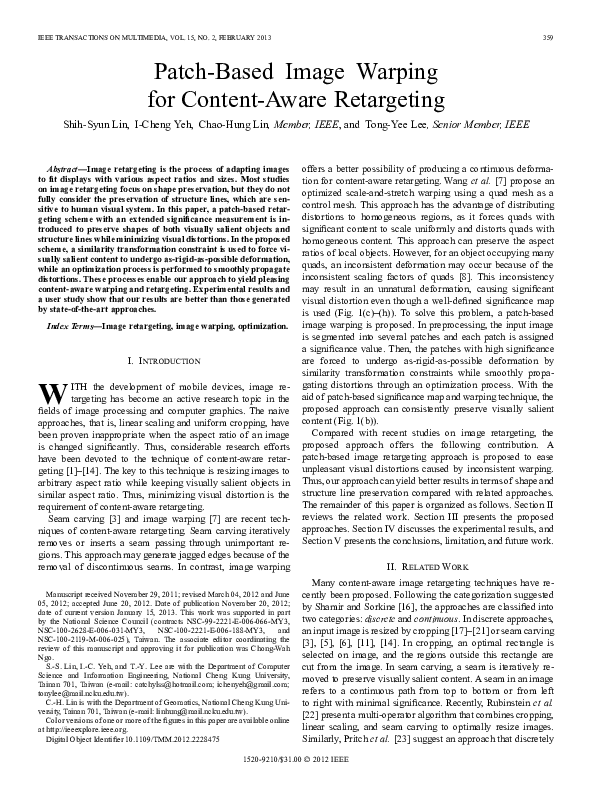 (PDF) PatchBased Image Warping for ContentAware Retargeting ICheng
