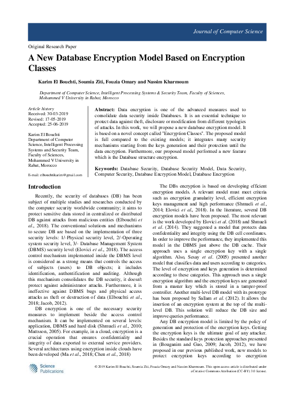 (PDF) A New Database Encryption Model Based on Encryption Classes