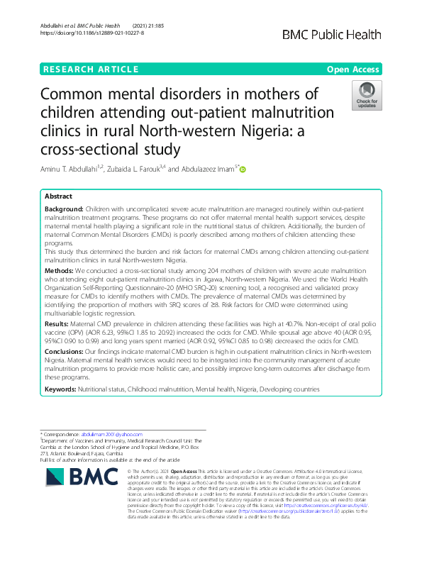 (PDF) Common mental disorders in mothers of children attending out ...