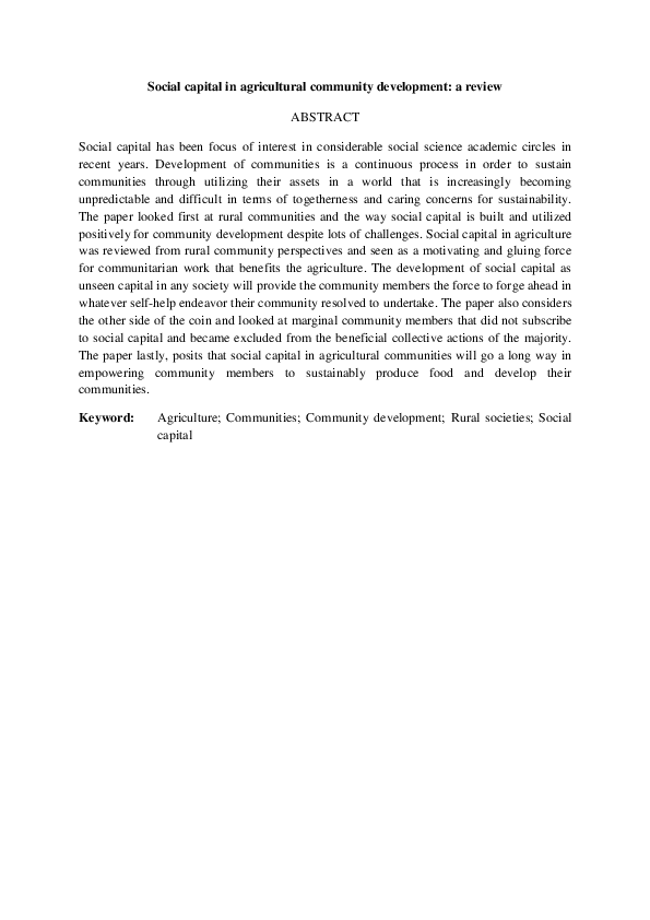 (PDF) Social Capital in Agricultural Community Development: A Review
