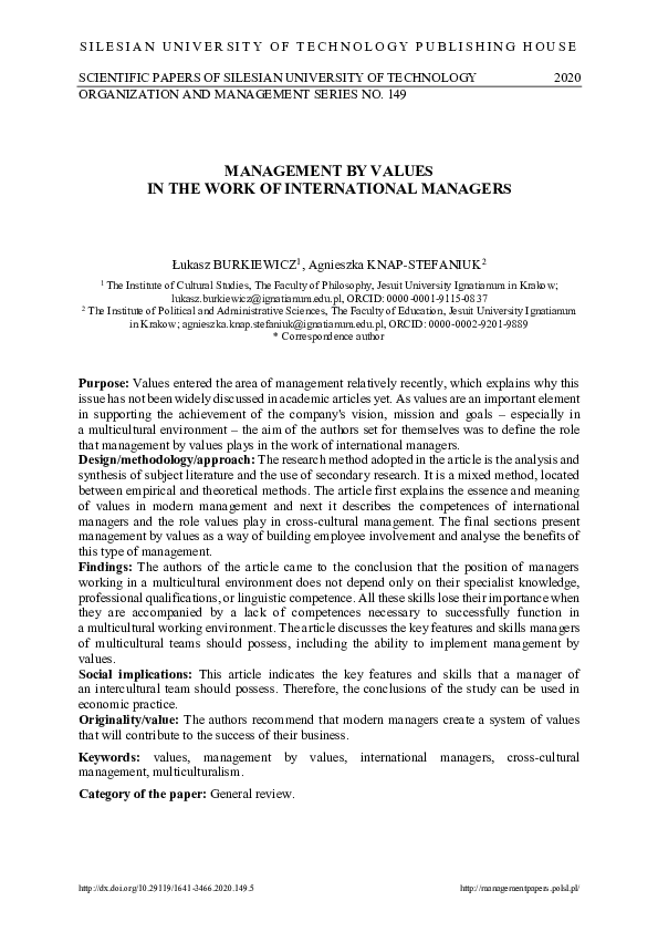 (PDF) Management by values in the work of international managers