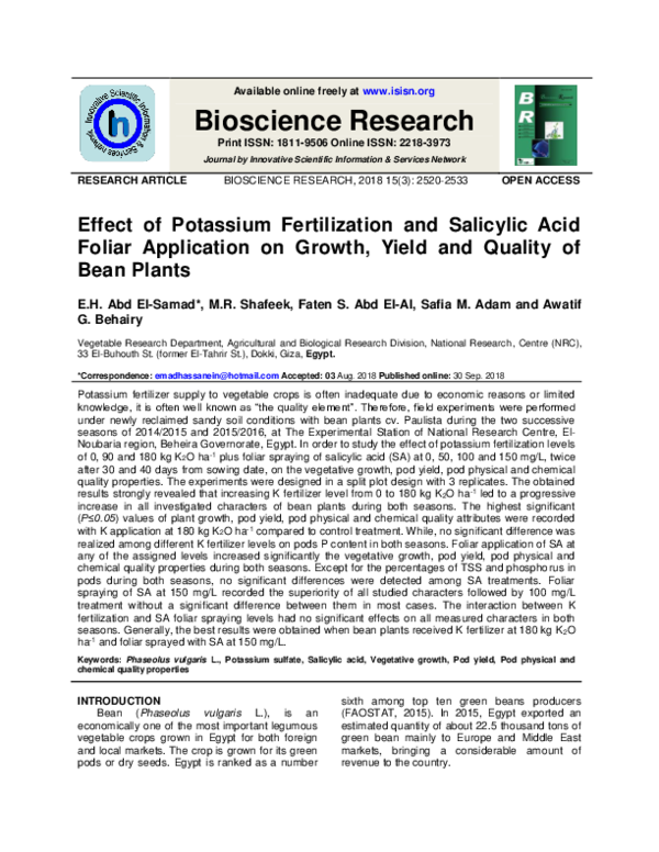 (PDF) Effect of Potassium Fertilization and Salicylic Acid Foliar ...