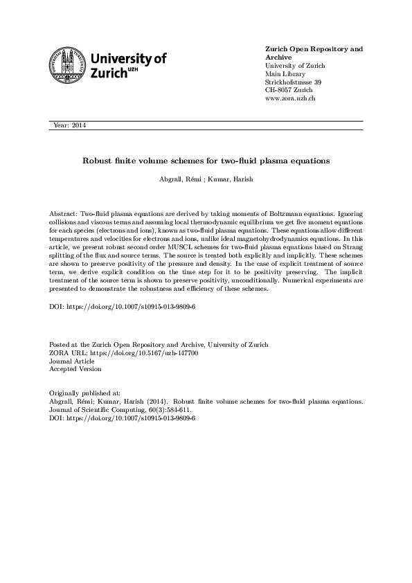 Pdf Robust Finite Volume Schemes For Two Fluid Plasma Equations