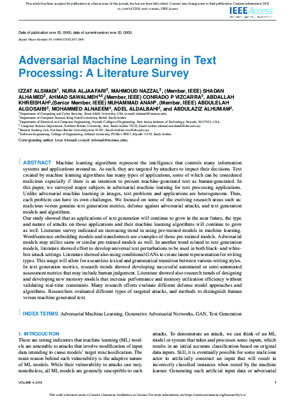 (PDF) Adversarial Machine Learning in Text Processing: A Literature Survey