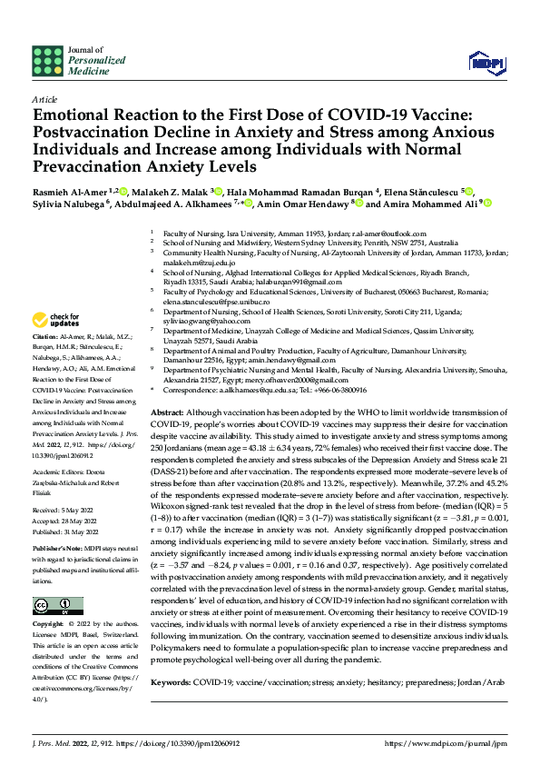 (PDF) Emotional Reaction to the First Dose of COVID-19 Vaccine: Post ...