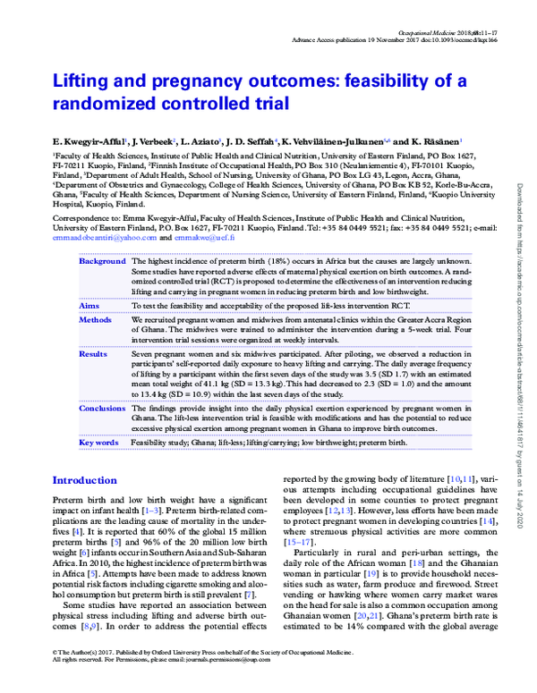 (PDF) Lifting and pregnancy outcomes: feasibility of a randomized ...
