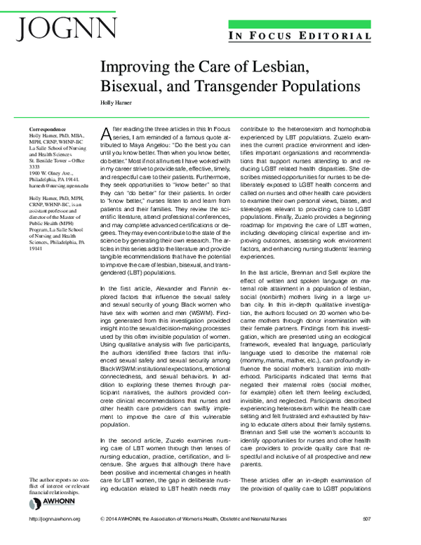 (PDF) Improving the care of lesbian, bisexual, and transgender populations