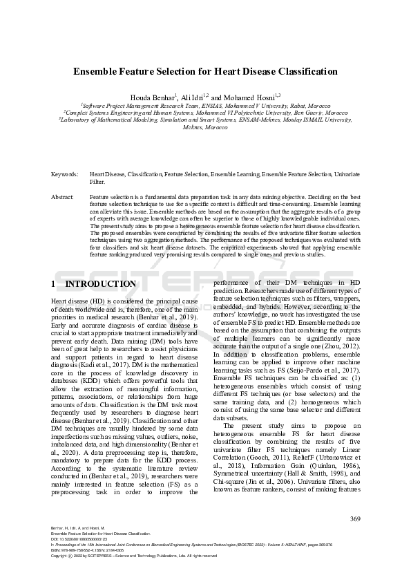 (PDF) Ensemble Feature Selection for Heart Disease Classification