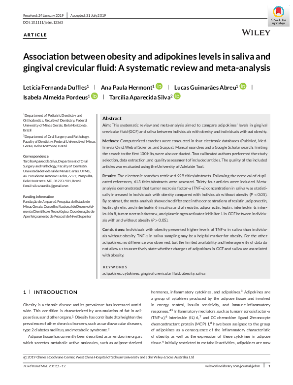 (PDF) Association between obesity and adipokines levels in saliva and ...