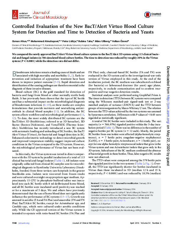 (PDF) Controlled evaluation of the new BacT/ALERT VIRTUO blood culture system for the detection