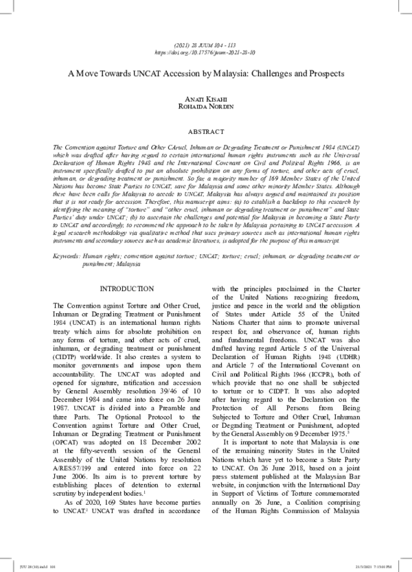(PDF) A Move Towards UNCAT Accession by Malaysia: Challenges and Prospects