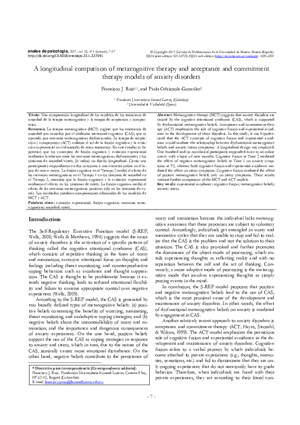 (PDF) A longitudinal comparison of metacognitive therapy and acceptance ...