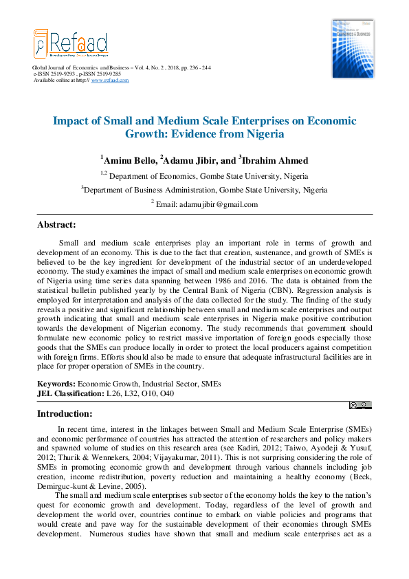 (PDF) Impact of Small and Medium Scale Enterprises on Economic Growth ...