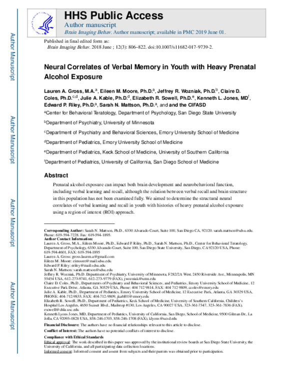 (PDF) Neural correlates of verbal memory in youth with heavy prenatal ...