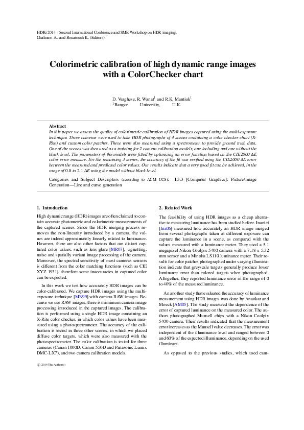 (PDF) Colorimetric calibration of high dynamic range images with a