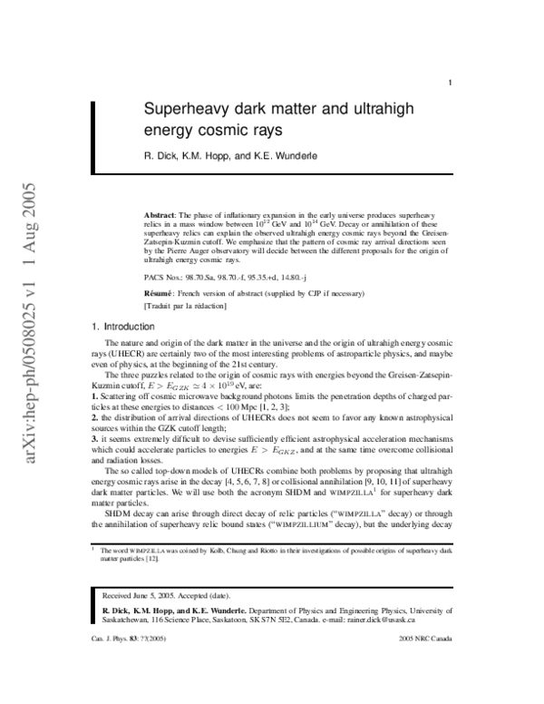 (PDF) Superheavy dark matter and ultrahigh-energy cosmic rays