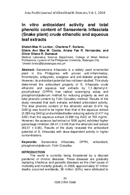 (PDF) In vitro antioxidant activity and total phenolic content of ...