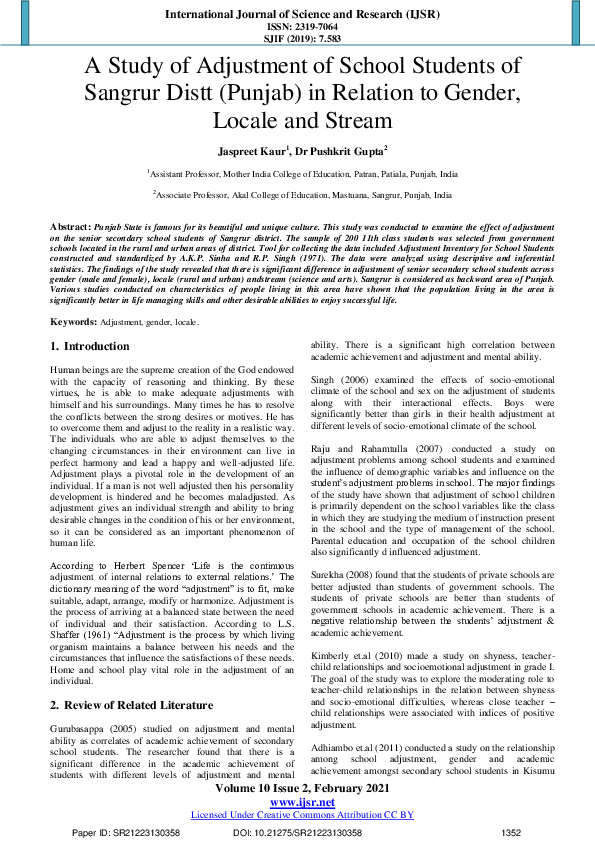 (PDF) A Study of Adjustment of School Students of Sangrur Distt (Punjab ...