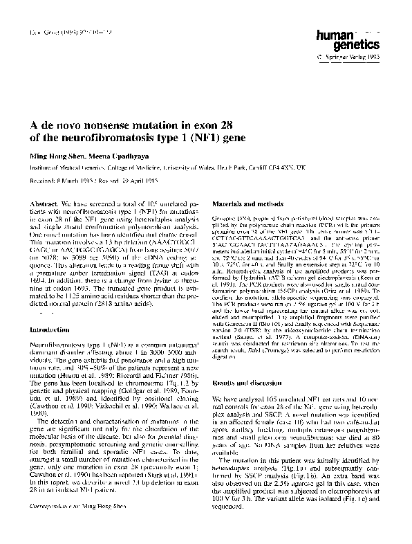 (PDF) A de novo nonsense mutation in exon 28 of the neurofibromatosis ...
