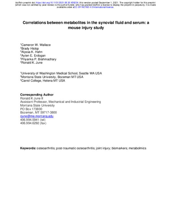 (PDF) Correlations between metabolites in the synovial fluid and serum ...