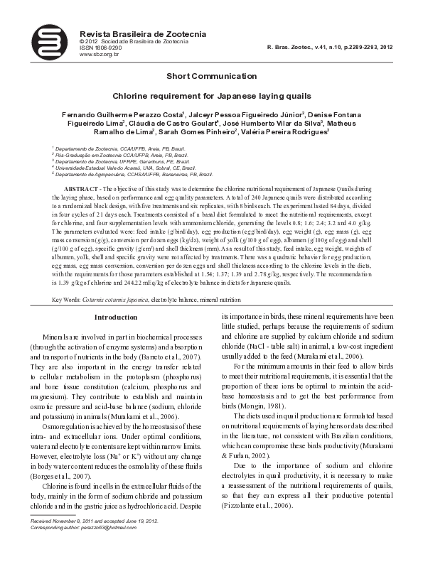 (PDF) Chlorine requirement for Japanese laying quails Denise Lima