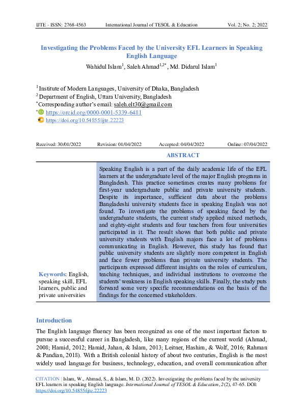 (PDF) Investigating the Problems Faced by the University EFL Learners ...
