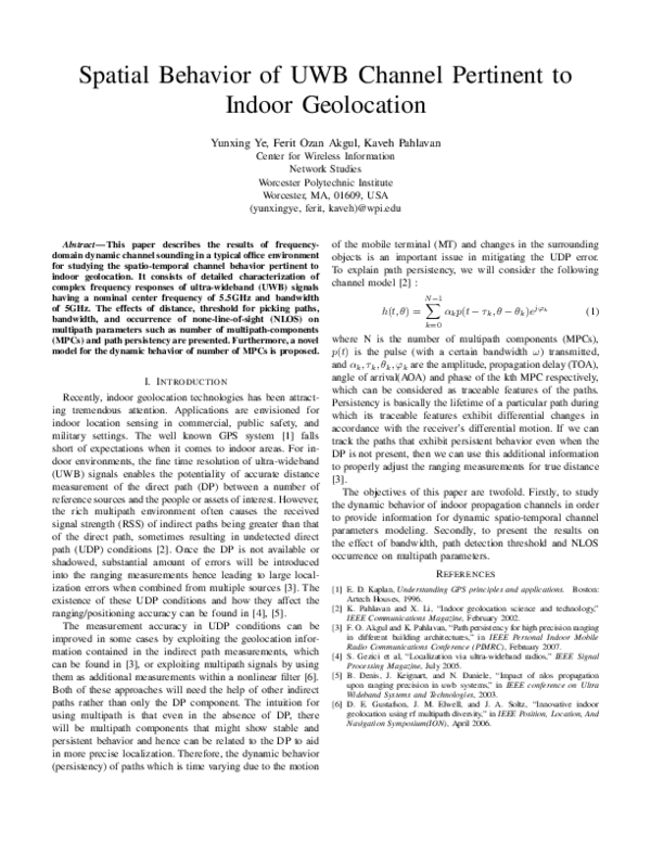 (PDF) Spatial behavior of UWB channel pertinent to indoor geolocation
