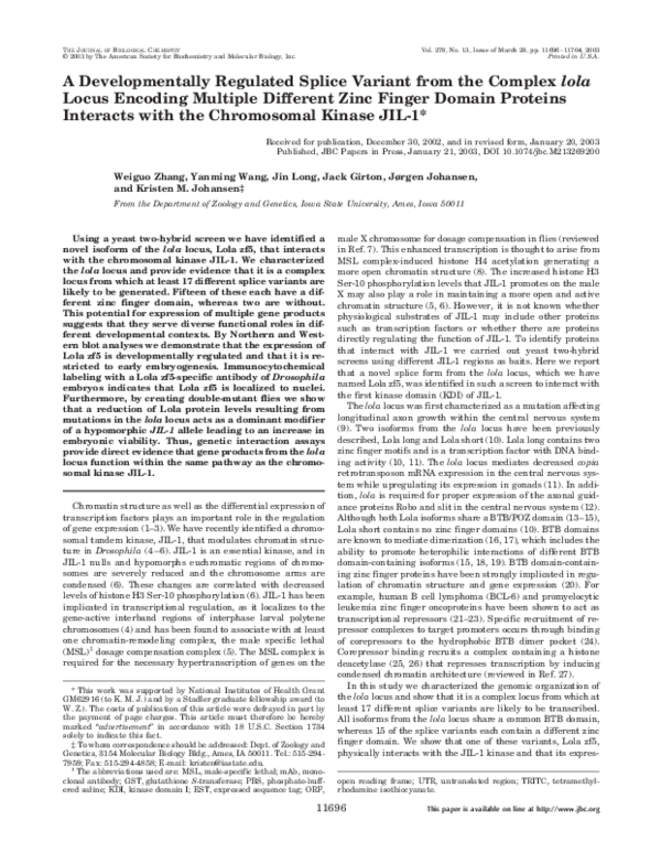 (PDF) A Developmentally Regulated Splice Variant from the Complexlola ...