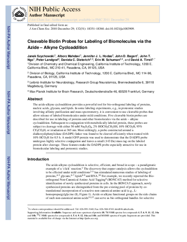 (PDF) Cleavable Biotin Probes for Labeling of Biomolecules via Azide− ...