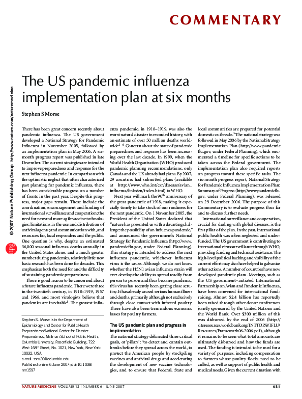 (PDF) The US pandemic influenza implementation plan at six months