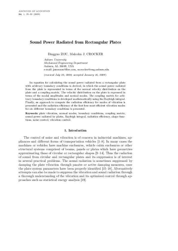 (PDF) Sound power radiated from rectangular plates