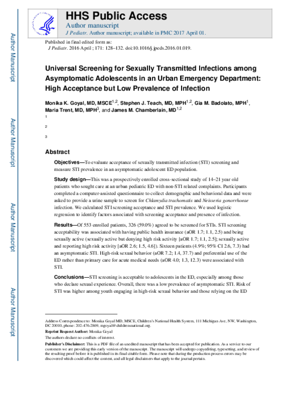 (PDF) Universal Screening for Sexually Transmitted Infections among ...