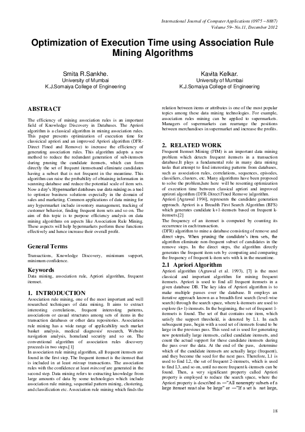 (PDF) Optimization of Execution Time using Association Rule Mining ...