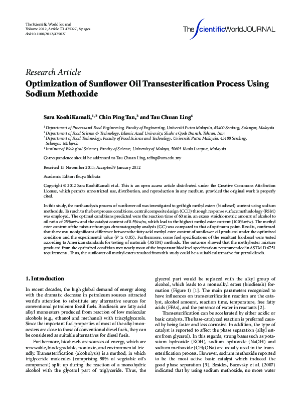 (PDF) Optimization of sunflower oil transesterification process using ...